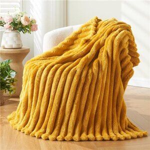 Super Soft Throw Ribbed Mustard Yellow Premium Silky Flannel Fleece 50"x60"